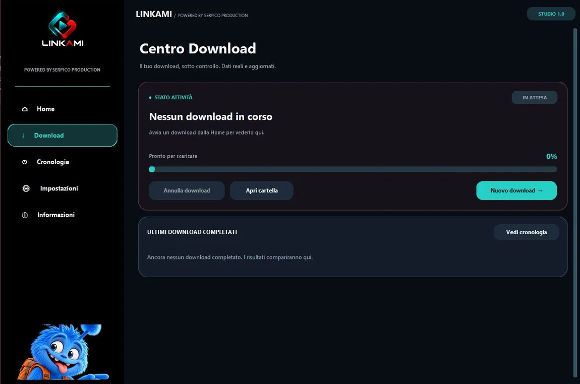 Schermata reale di LINKAMI: Centro Download e menu laterale