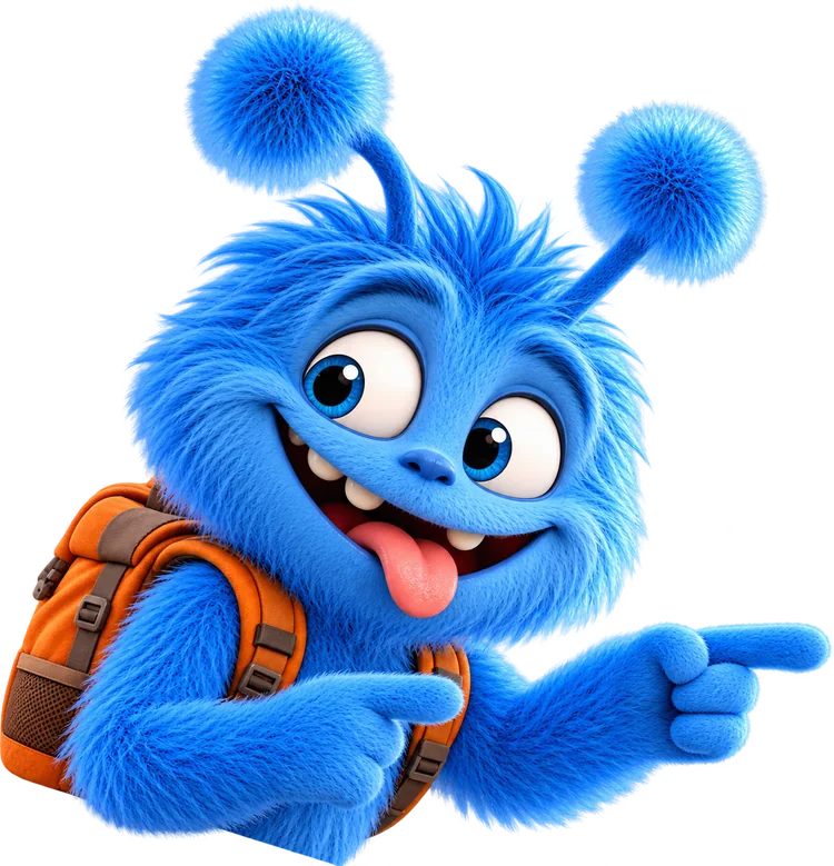 La mascotte blu di LINKAMI sorride e indica verso il contenuto